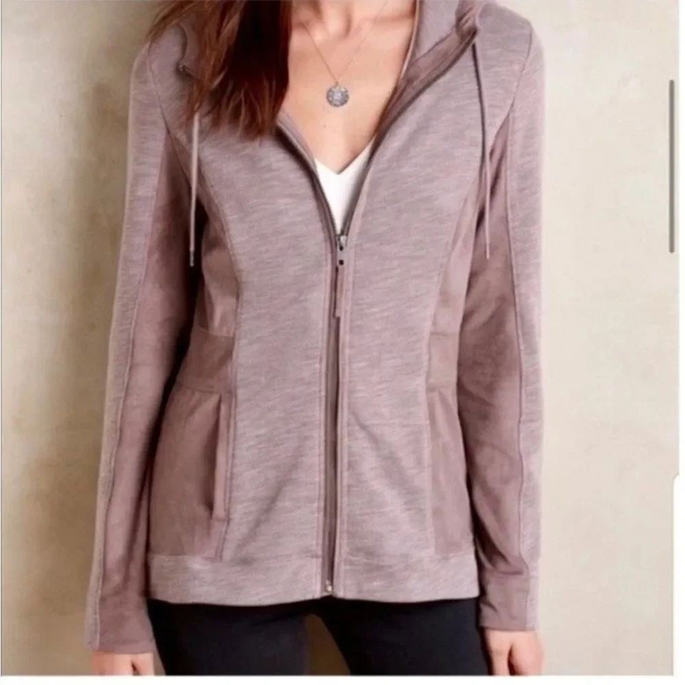 Anthropologie Akemi + Kin Abbe Jacket Women’s Size L Faux Suede Trim Hooded Zip